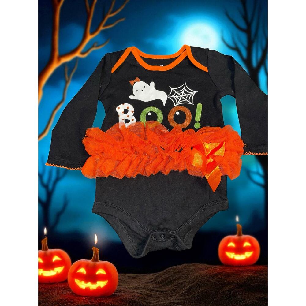 Baby Girl 12M Halloween Ghost Tutu Set Black Orange Boo Outfit Way to Celebrate